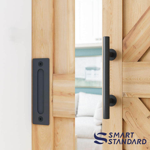 8 Ft Heavy Duty Sliding Barn Door Hardware Kit Black Finish Fits 42 To 48 Inch Doors Includes Pull Handle Set And Floor Guide