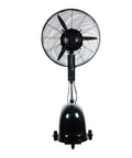 Heavy Duty Misting Floor Stand Fan With Wide Angle Sweep And Adjustable Height Beats Summer Heat On Patios Or Inside. Black fan with wide swing head.