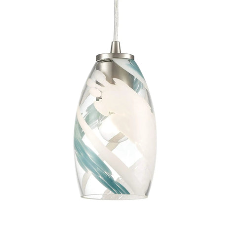 Turbulence Mini Pendant Light In Satin Nickel With Aqua Opal Swirl Glass, 1 Light Sleek Hardwired Modern Contemporary Ceiling Fixture