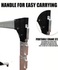 Hella Sturdy Aluminum Portable Gantry Crane Rig with handle for easy carrying, ideal for transport, showing disassembled parts.
