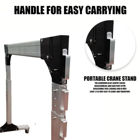 Hella Sturdy Aluminum Portable Gantry Crane Rig with handle for easy carrying, ideal for transport, showing disassembled parts.