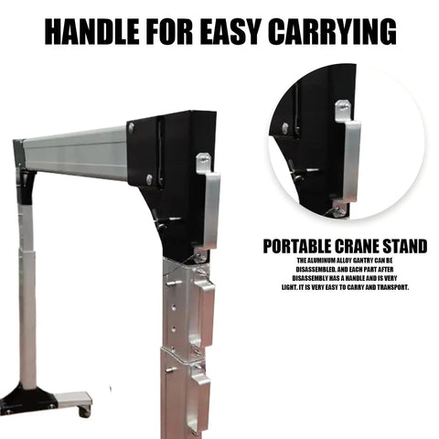 Fully Adjustable Aluminum Gantry Crane With Portable Hoist System showing handle for easy carrying and lightweight aluminum frame.