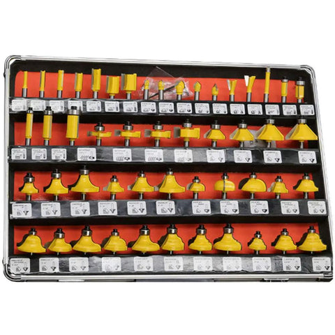 Heavy Duty 50 Piece Router Bit Set With 1/4 Inch Shank And Carbide Blades displayed in a storage case, featuring various shapes and sizes for woodworking.