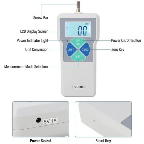 SF 500 500N Digital Force Tester Push And Pull Dynamometer With 100 240V Power High Precision Sensor Fast Readouts And Long Battery Life Ideal Workhorse For Lab And Shop Testing, front view with LCD and buttons