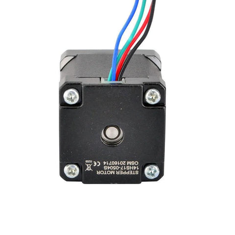 NEMA 14 bipolar stepper motor, black housing with multicolor wires and centered shaft.