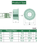 Diagram of 20Pcs M12 X 1.25 Serrated Flange Nut Set In Carbon Steel with detailed measurements and thread pitch in mm.