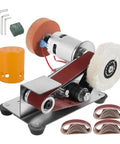 Compact Mini Electric Belt Sander For Desktop DIY Projects with sanding belt, wheels, and sharpening accessories for precise knife work.