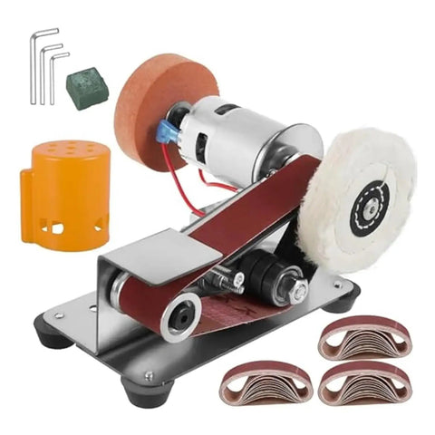 Compact Mini Electric Belt Sander For Desktop DIY Projects with sanding belt, wheels, and sharpening accessories for precise knife work.