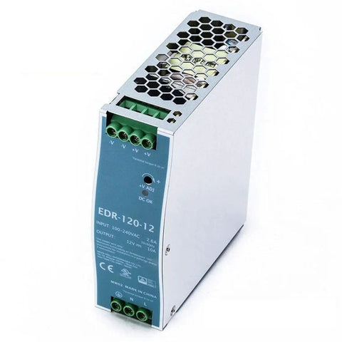 Industrial Grade 120W 12V 10A Din Rail Power Supply Packing Badass Stability And Top Shelf Efficiency For No Nonsense Plc Control Units Running Smooth side view.