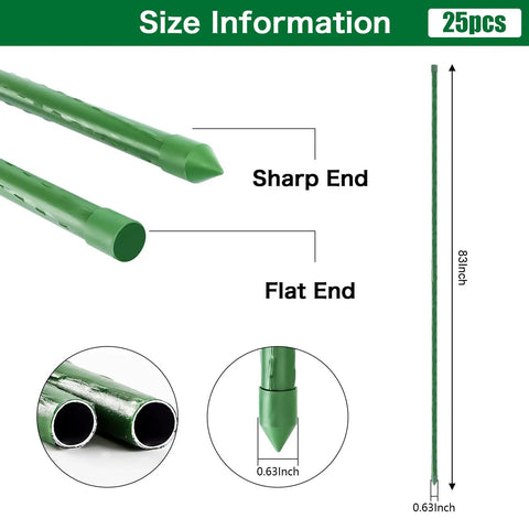Beefy Sturdy Garden Stakes 83 Inch Heavy Duty Metal Plant Supports Plastic Coated 25 Pack with sharp and flat ends