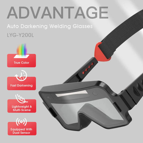 Solar Powered Auto Darkening Welding Goggles With True Color Filter, showcasing dual sensors and lightweight design.