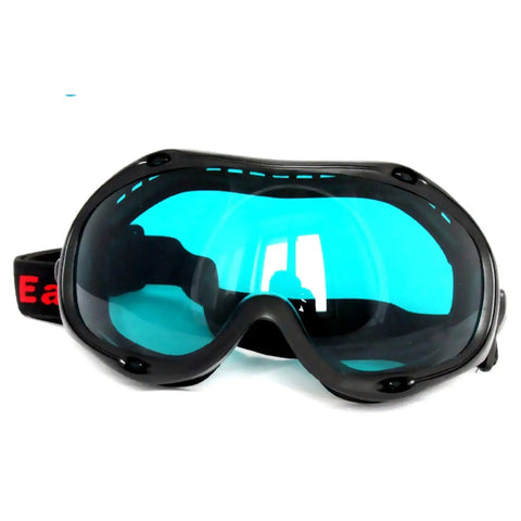 Heavy Duty Laser Safety Goggles Featuring Wide Spectrum Od4 Polycarbonate Lenses That Block Harmful Uv And Infrared Rays For Lab Tasks And Workshop Projects Providing Rock Solid Eye Protection With A Comfy Fit For Serious Shop Use No Cap - front view with dark frame and blue lenses.