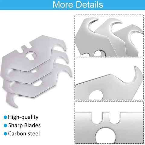 Hook Blade 30 Pack, Carbon Steel Utility Blades For Roofing And Carpet, Durable Razor Blades In A Plastic Box For Sharp Trim And Cutting, Heavy Duty Replacement Blades For Pro Jobs, close-up of sharp hook blades