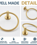 Wall Mounted Brushed Gold Towel Ring Crafted From Solid 304 Stainless Steel Rustproof And Built Tough For Bathroom Decor Or Kitchen Sink Station That Holds Up Under Pressure While Looking Fresh And Making Your Space Pop. Close-up view of sleek brushed gold finish with solid wall mount.