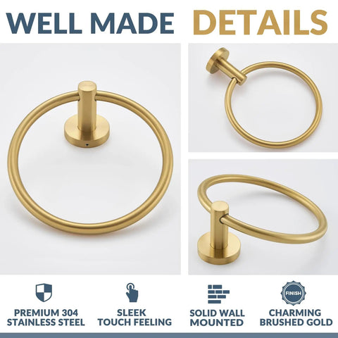 Wall Mounted Brushed Gold Towel Ring Crafted From Solid 304 Stainless Steel Rustproof And Built Tough For Bathroom Decor Or Kitchen Sink Station That Holds Up Under Pressure While Looking Fresh And Making Your Space Pop. Close-up view of sleek brushed gold finish with solid wall mount.