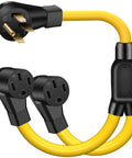 Heavy Duty 50 Amp Y Splitter Adapter Cord For RV And EV Charging NEMA 14 50P with dual outlets and yellow heavy gauged wiring.