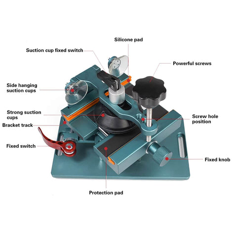 Universal Phone Screen Separator Clamp For Heating Free Back Cover Removal Rotatable LCD Separator Fixture With Strong Suction Cup And Bracket showing components labeled with powerful screws, silicone pad, and protective pad.