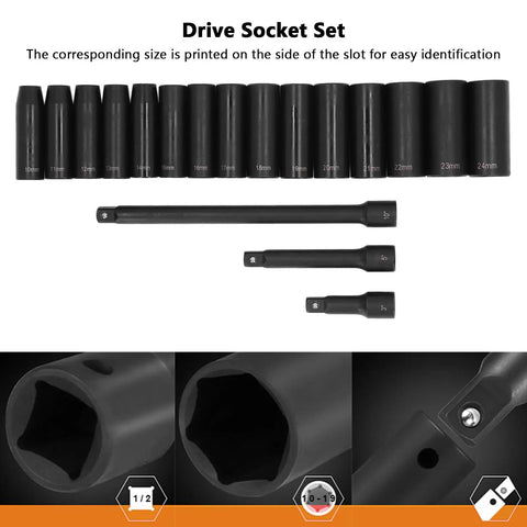 Dope 18 Piece Cr V Steel Deep Socket Set With 10 To 24mm Metric Sockets Plus Extension Rods Prograde Impact Kit Anti Round Hex Design Perfect For Auto Pros And Gear Heads Needing Reliable Hardware Grip, 10-24mm sockets shown