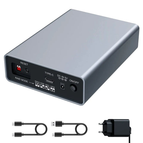 Dual Bay External Raid Enclosure For 2.5 Inch Sata Drives With Usb C Gen Two Ports, showing ports and controls on the rear.