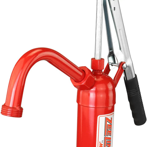 Top Shelf Heavy Duty Lever Drum Pump for Smooth Oil And Fuel Transfer with red finish and adjustable spout.