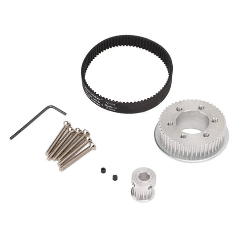 DIY Electric Skateboard Synchronous Gear And Belt Kit with screws, aluminum pulleys, and belt for 5065 and 5055 motors.