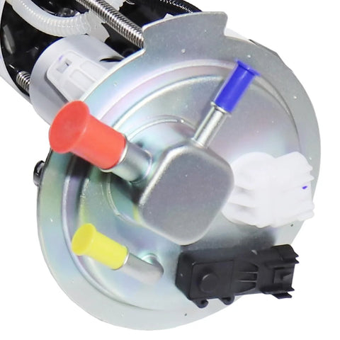 Top view of electric fuel pump assembly for Chevy Silverado 1500 and GMC Sierra 1500 from 2014 to 2018, showing connectors.
