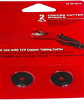 Cutter Wheel 2 Pack For M12 Copper Tubing Cutter 2471 Fits Copper Pipe Hardened Steel Blades With Black Oxide Finish For Clean, Smooth Pipe Cuts For Pro Grade Results. two black cutter wheels in red package