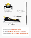 VEVOR 3-Ton low-profile racing floor jack, aluminum and steel, dual-piston lift, yellow/black, side and front views.