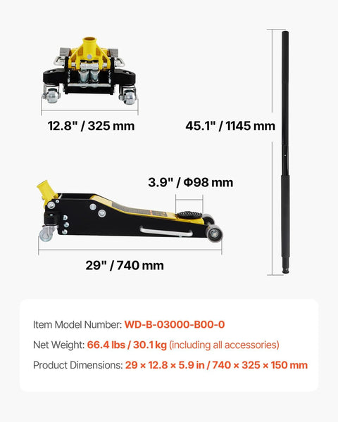 VEVOR 3-Ton low-profile racing floor jack, aluminum and steel, dual-piston lift, yellow/black, side and front views.