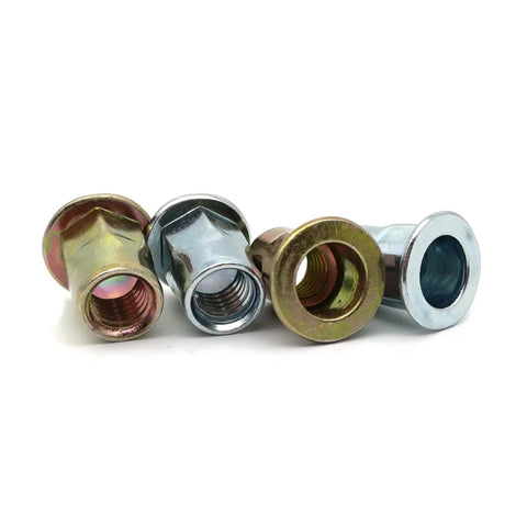 Heavy Duty Flat Head Threaded Insert Nut Zinc Plated Carbon Steel Hex Rivet With Knurled Body For Sheet Metal Steel And Aluminum strong fasteners assortment in various finishes.