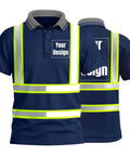 Custom High Visibility Safety Polo Shirt Quick Dry Reflective Work Uniform With Moisture Wicking Fabric Built For The Daily Grind And Crew Hustle Heavy Duty Industrial Gear Dark Blue, featuring reflective strips and optional personalized design.
