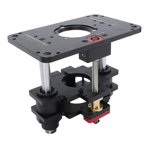 Rock Solid Router Lifting System With Quick Turn Crank And Tight Micro Tweaks For Woodworking Router Tables showing black mounting plate and crank mechanism.