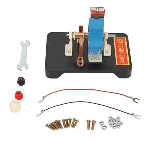 Super Chill DIY DC Electric Motor Model Kit With Included Hand Tools For Teens To Flex STEM Skills And Knock Out Cool Physics Projects At Home Without Soldering Hassles Or Tech Expertise Today on black base with copper and wires.