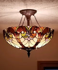 Tiffany Style Stained Glass Ceiling Lamp 16 Inch Wide 2 Light Victorian Semi Flush Mount For Hallway Bedroom Kitchen Amber Cream Glass