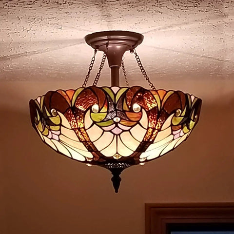 Tiffany Style Stained Glass Ceiling Lamp 16 Inch Wide 2 Light Victorian Semi Flush Mount For Hallway Bedroom Kitchen Amber Cream Glass