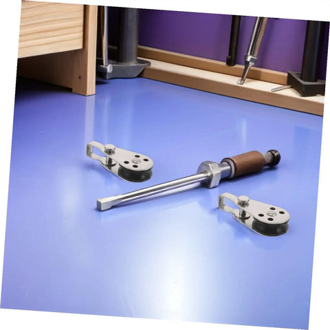 Heavy Duty Stainless Steel Sailing Pulley Blocks 4 Pack For Rope And Cable Systems with tool on blue background