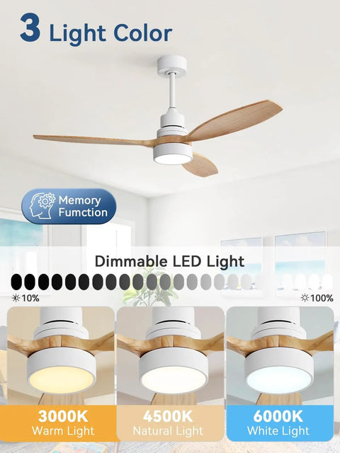 52 Inch Modern Wood Ceiling Fan With Lights Remote Control Reversible DC Motor Quiet Noiseless for Indoor Outdoor Use