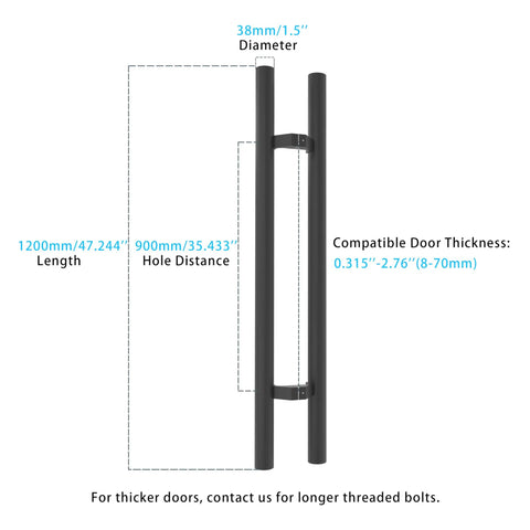 Offset Push Pull Door Handle 1200mm 48 Inches Double Sided Ladder Style 304 Stainless Steel Matte Black Finish Built To Last Rugged And Rustproof With Comfortable Ergonomic Grip For Indoor Or Outdoor Doors. 1200mm length, 900mm hole distance, 38mm diameter.