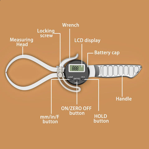 Digital Outside Caliper Gauge 0 To 6 Inches With Metric, Fractional, And Decimal Readings, grip detail and button labels.