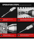 Step-by-step operation of Cordless Rivet Gun Kit With Two Batteries, Brushless Blind Riveter Tool For One Eighth Inch, Five Thirty Seconds Inch, And Three Sixteenth Inch Rivets, Built To Last Workhorse, Heavy Duty Power, Durable Aluminum Iron Stainless Riveting, All In One Set.