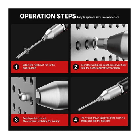 Step-by-step operation of Cordless Rivet Gun Kit With Two Batteries, Brushless Blind Riveter Tool For One Eighth Inch, Five Thirty Seconds Inch, And Three Sixteenth Inch Rivets, Built To Last Workhorse, Heavy Duty Power, Durable Aluminum Iron Stainless Riveting, All In One Set.