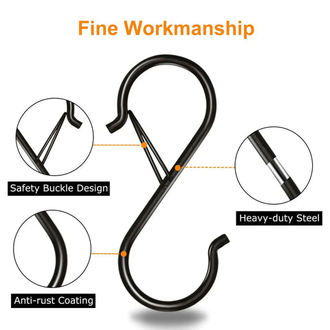 Eight Pack Three Point Five Inch Heavy Duty S Hooks With Safety Buckle Rust Proof Coated Metal Hanging Hooks close-up view