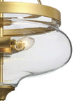 Modern Gold Glass Pendant Chandelier With Three Lights, sleek fishbowl shade close-up, warm soft glow, contemporary glam lighting