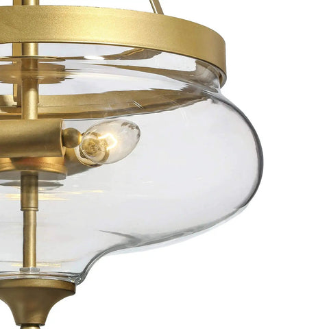 Modern Gold Glass Pendant Chandelier With Three Lights, sleek fishbowl shade close-up, warm soft glow, contemporary glam lighting