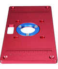 Premium Universal Aluminum Router Table Insert Plate With Heavy Gauge Ring For Kick Butt Performance And No Fuss Setup Works Flawlessly With Standard Drill Chucks 235X120X8Mm displaying red aluminum surface with blue insert ring.