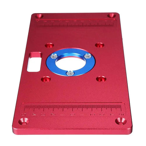 Premium Universal Aluminum Router Table Insert Plate With Heavy Gauge Ring For Kick Butt Performance And No Fuss Setup Works Flawlessly With Standard Drill Chucks 235X120X8Mm displaying red aluminum surface with blue insert ring.