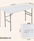 4 Ft Folding Picnic Table Portable And Lightweight For Camping Picnics Beach Days Tailgating Dining And Parties Indoor Outdoor Use With Carrying Handle And Easy Fold For Quick Storage In Car Trunk Or Closet, shown with dimensions.