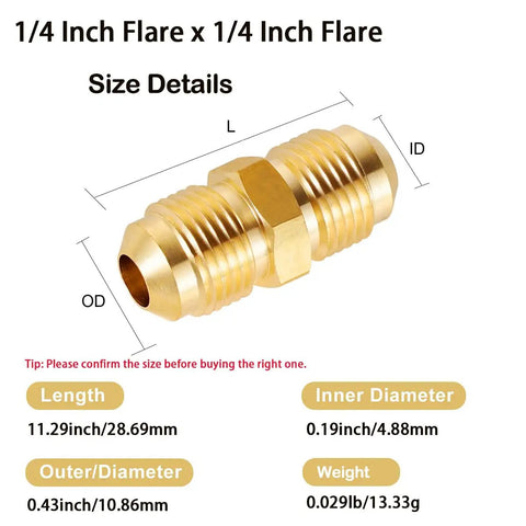 1/4 Inch Male Flare To 1/4 Inch Male Flare Brass Gas Adapter Union Coupler Pipe Fitting Set with size details