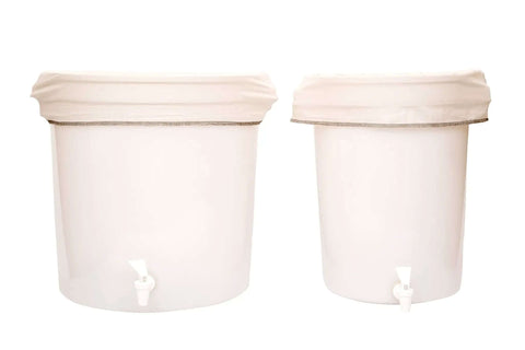 Industrial 10 Gallon Reusable Coffee Filter Set With Organic Cotton GOTS Certified Two Pack shown on large urns