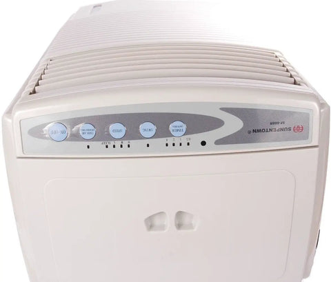 Portable Evaporative Air Cooler Humidifier Fan 10 Liter Tank showing top controls and settings for speed and timer.
